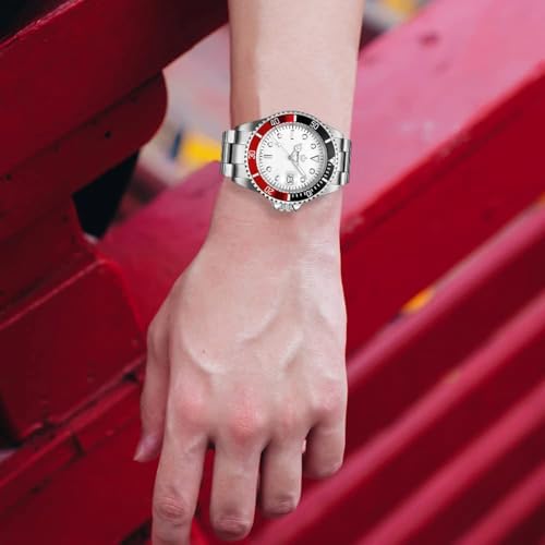 FANMIS Mens Luxury Watches Rotatable Bezel Sapphire Glass Luminous Hand Quartz Silver Tone Stainless Steel Watch