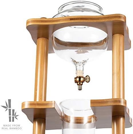 Yama Cold Brew Maker I Ice Coffee Machine With Slow Drip Technology I Makes 6-8 cups (32oz), Large Capacity Cold Brew Coffee Tower, Brown Wood Curved Frame
