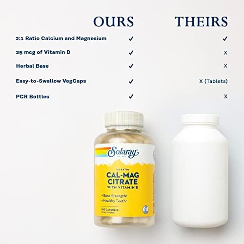 SOLARAY Calcium Magnesium Citrate 2:1 with Vitamin D3, 180 Capsules | Bone