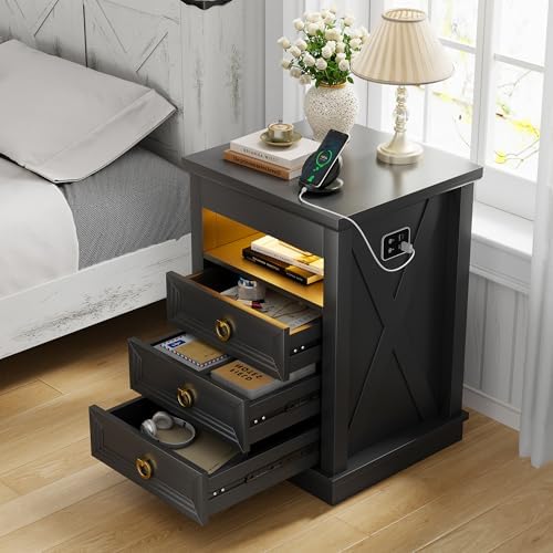 Farmhouse Nightstand with Lockable Hidden Drawer, Human Sensor LED Bedside Table with LED Lights & Charging Station, Rustic Wood Sofa Side End Table with 3 Drawers for Bedroom (Black)