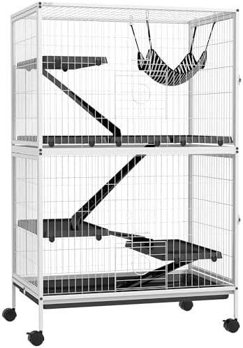 PawHut Metal Small Animal Cage, 4-Tiers Rolling Big Ferret Cage, Gray