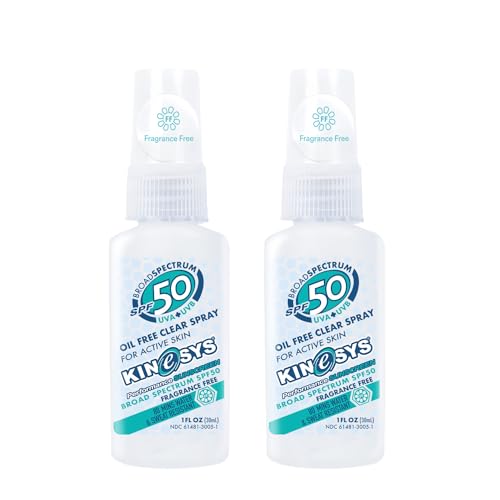 KINeSYS Fragrance Free Clear Spray Sunscreen for sensitive skin, SPF 50, Hypoallergenic, Broad Spectrum UVA/UVB protection for Face & Body; PABA and Oxybenzone FREE, 700+ Sprays, 4 Fl Oz/120 mL
