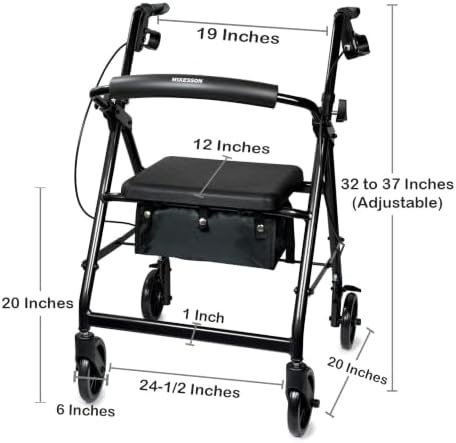 McKesson Rollator Walker with Seat and Wheels, Black, 1 ct