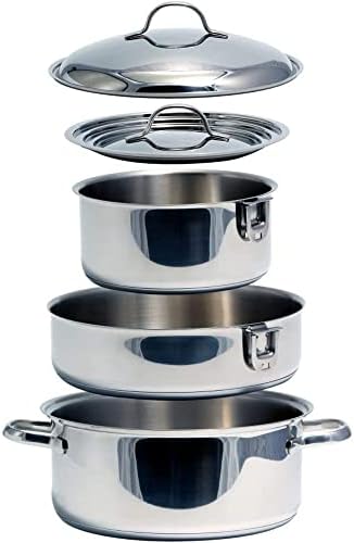 Camco 7 Piece Stainless Steel Cookware Nesting Pots and Pans Set w/Lids, Detachable Handles & Storage Strap for Camping, Tailgating, and RV