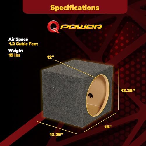QPower HD112VL Single 12 Inch SPL XL Heavy Duty Side Ported Subwoofer Box Enclosure with Durable Carpet Covering for Car Audio Systems