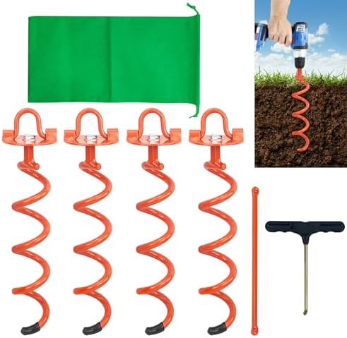 MIXXIDEA 11.4 Inch Gound Anchors Screw in, Metal Spiral Earth Anchors Kit, Heavy Duty Folding Ring Spiral Stake, Silver Ground Stakes for Tent