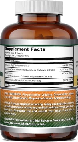 Amazing Formulas Calcium Magnesium Zinc D3-300 Tablets Per Bottle Supplement (Calcium 1000mg - Magnesium 400mg - Zinc 25mg Plus Vitamin D3 600 IU - Per Serving of 3 Tablets)