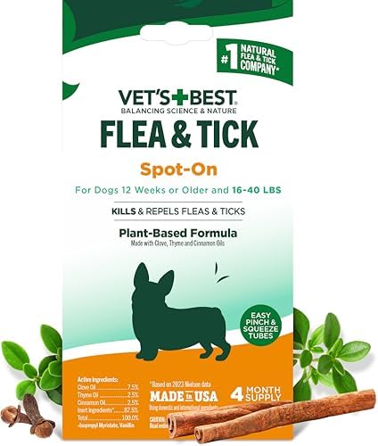 Vet's Best Flea & Tick Drops for Large Dogs, Flea Protection, 4Month Supply | Plant-Based Spot-On Treatment, Essential Oils, Helps Prevent Fleas & Ticks, Four Monthly Applications for Dogs