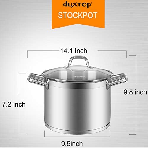 Duxtop Professional Stainless Steel Stock Pot with Glass Lid, Induction Cooking Pot, Impact-bonded Base Technology, 4.2 Quarts | Stockpot with Stay-Cool Handle, Impact-Bonded Base for Even Heating