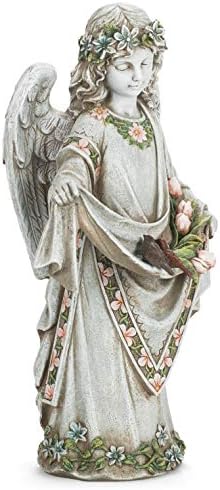 Roman Josephs Studio Inspirational Girl Angel Wearing Floral Trimmed Gown with Birds Garden Statue, 16.5-Inch