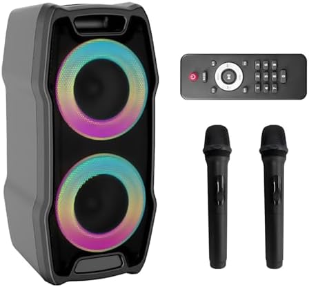 VeGue Karaoke Machine, Wireless Bluetooth PA System for Adults & Kids with Dual 8'' Subwoofers, 2 UHF Wireless Mics, Colorful LED Lights