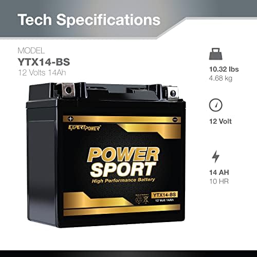 ExpertPower YTX14-BS ATV Battery - 220 CCA AGM Motorcycle Battery 12V 14Ah 10Hr ETX14-BS, UTV, Scooter, Snowmobile, 4 Wheeler Powersports Batteries