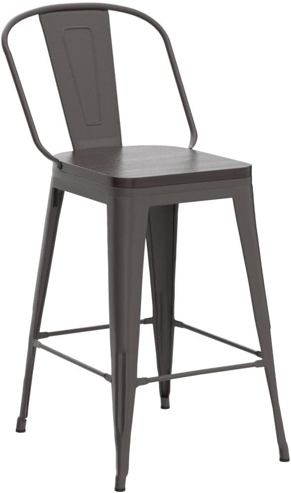 Alunaune 24" Swivel Metal Bar Stools Set of 4 High Back Counter Height Barstools Industrial Dining Bar Chairs with Large Wooden Seat-Matte Black