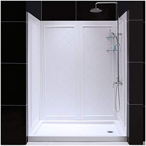 DreamLine 36 in. D x 60 in. W x 76 3/4 in. H Left Drain Acrylic Shower Base and QWALL-5 Backwall Kit In White, DL-6192L-01
