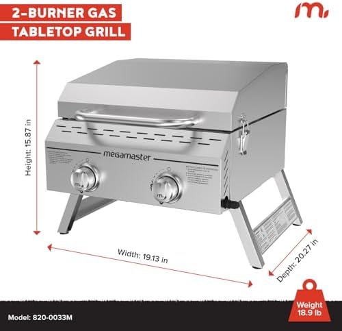 Megamaster Tabletop 2 Burner Gas Grill, Stainless Steel with Foldable Legs