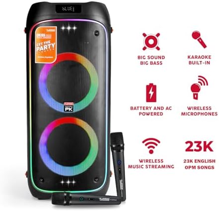 The platiunm DK65 Party Speaker Karaoke Systems for Adults with 2 Wireless Microphone, Bass and Treble Adjustment, with LED Lights, 23K Songs