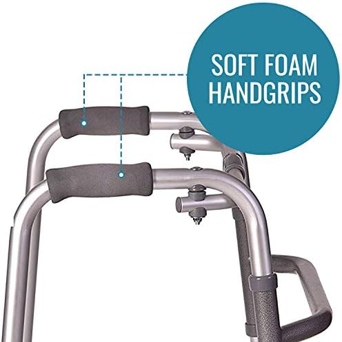 DMI Lightweight Aluminum Folding Walker with Single Release, 5 Inch Wheels, Adjustable Height, No Assembly Needed, Silver, 250 lb Weight Capacity