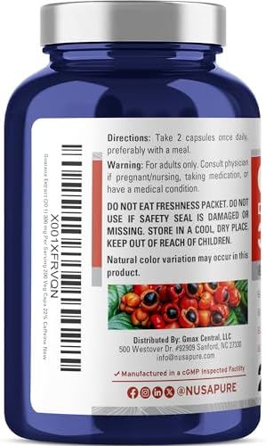 Guarana seed, Non-GMO, Vegan, 300mg, 200 Veggie Capsules - 100 Servings | Plant Based, 20:1 Paullinia cupana Extract, 22% Caffeine