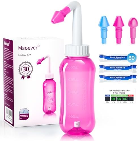 MAOEVER Neti Pot Sinus Rinse Bottle Nose Wash Cleaner Pressure Rinse Nasal Irrigation for Adult & Kid BPA Free 300 ML with 30 Nasal Wash Salt Packets and Sticker Thermometer(Blue)