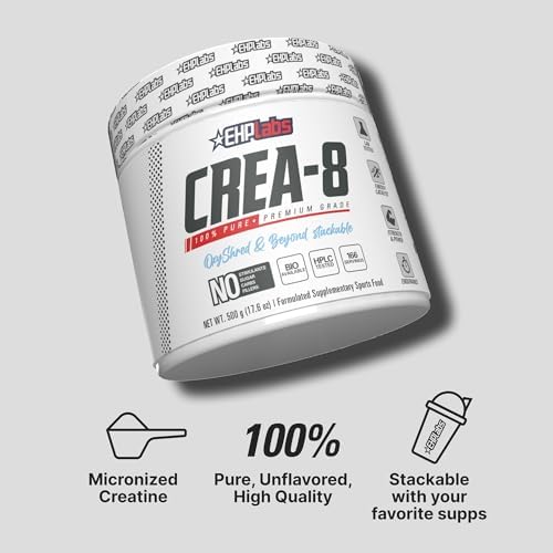 EHP Labs CREA-8 Creatine Monohydrate Powder, Unflavored, 100 Servings | Micronized Creatine For Muscle Growth, Strength & Energy. Mixes Easily, No Clumping. Pre Or Post Workout. 500g