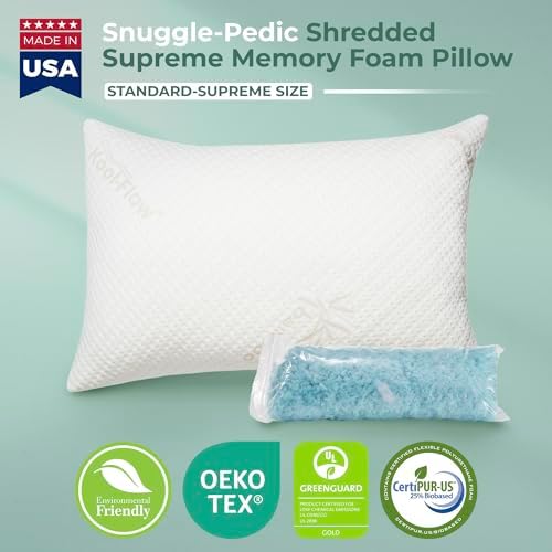 Snuggle-Pedic Adjustable Memory Foam Pillows - GreenGold Certified Pillow w/ Viscose of Bamboo Cover for Side, Stomach & Back Sleepers - Made in the USA - Standard