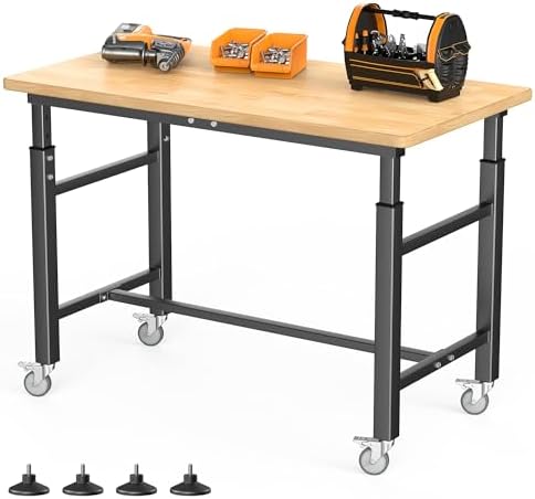 TORACK Adjustable Workbench with Rubberwood Top, Rolling 32x18 in Worktable | Height adjustable 28"–38", heavy-duty garage workbench with Wheels, up to 1000 lbs