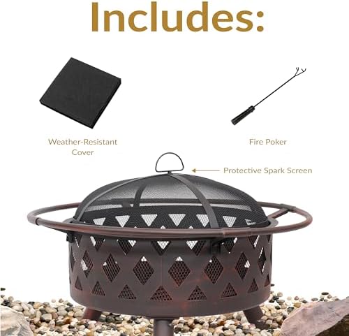 Sunnydaze Crossweave Large Outdoor Fire Pit, Wood Burning, Round, 36" | Black, Heavy Duty Steel Metal, Patio Fire Pit with Spark Screen, Poker, & Cover, Wood Firepit for Outside, Backyard, or Deck