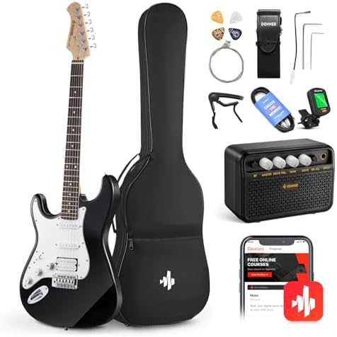 Donner 39-Inch Electric Guitar Starter Kit with Solid Body, HSS Pickup, Accessories, Amplifier, Lessons, and Digital Tuner - Red