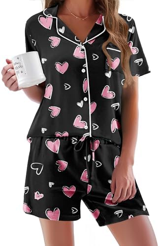 Ekouaer Pajamas Set for Women Short Sleeve Sleepwear Button Down Pj XS-XXXL | Summer 2 Piece Lounge Set, Soft Fabric, Drawstring Waistband, for Bridesmaid Bride Party, Plus Size, Petite, Cute Pattern