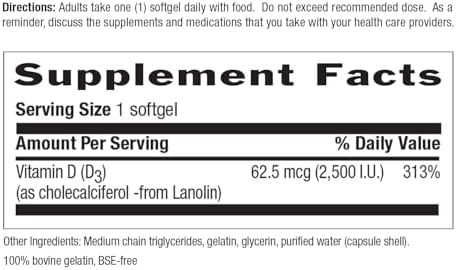 Country Life Vitamin D3 2500 IU, Non-Fish Source, 200 Softgels | Supports calcium absorption and helps maintain healthy bones