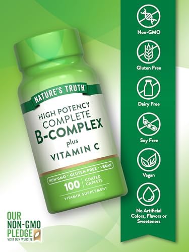 Nature's Truth Vitamin B Complex Plus Vitamin C | 100 Caplets | Vegan, Non-GMO & Gluten Free Supplement | Vegan, Non-GMO & Gluten Free Supplement