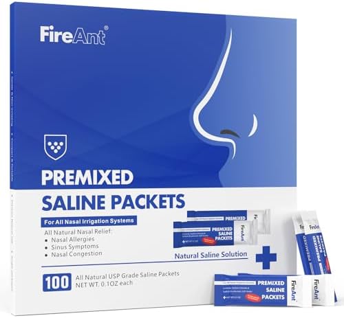 FireAnt Saline Packets Sinus Rinse, 100 Premixed Neti Pot Salt Packets for Nasal Rinse, All Natural, Pharmaceutical Grade, and PH Balanced - 100 Count