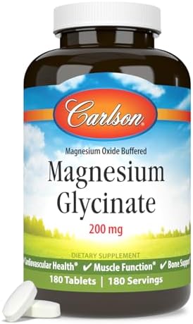 Carlson Chelated Magnesium Glycinate, 200 mg, Muscle Function, 180 Tablets | Superior Absorption; Bone Support