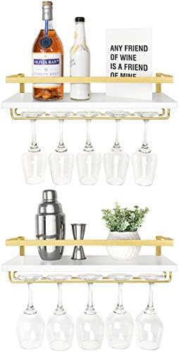 Mkono Wall Mounted Wine Rack Set of 2 Wood Rustic Wine Bottle Glass Floating Shelves with Stemware Hanger Modern Plants Photos Wine Display Storage
