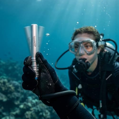 Scuba Dive Rattle with Magnet - 6.7" Aluminum (Silver) | Diving Noise Maker, Underwater Shaker, Magnetic Mute, PVC Wrist Band & Lanyard