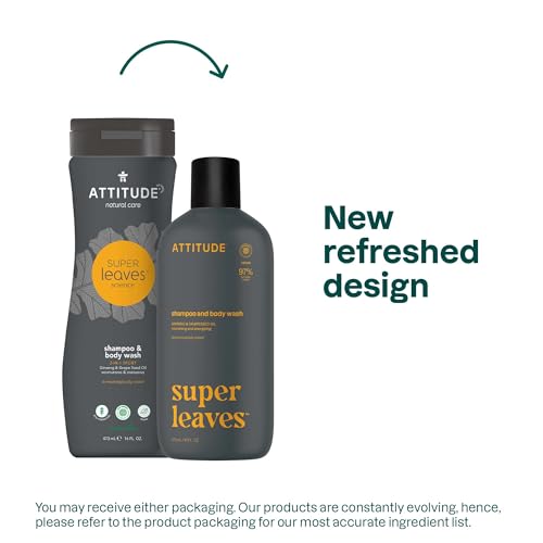 ATTITUDE 2-in-1 Body Wash & Shampoo for Men & Women, EWG Verified, Vegan, Natural Ingredients, Dermatologist-Tested, Ginseng and Grapeseed Oil, 16 Fl Oz