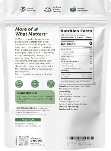 Micro Ingredients Pure Organic Stevia Powder, 8 Ounces, 1418 Serving, Highest Grade Green Leaf Extract Reb-A, Reduced Bitter Aftertaste, 0 Calorie, Natural Sweetener, Sugar Alternative, Keto Friendly