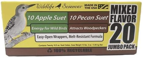 Wildlife Sciences Suet Cake Jumbo Mixed 20 Pack | 10 Apple & 10 Pecan 10.5 oz. Suet Cakes for Wild Birds