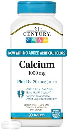 21st Century Calcium 1000mg Plus D3 Tablets, Bone Health, 90 Count | Calcium 1000 mg with Vitamin D3 20 mcg (800 IU), Bone Strength & Density Support, Daily Supplement for Men & Women