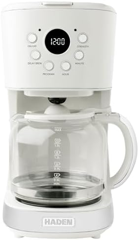 HADEN 12-Cup Programmable Coffee Maker for Home or Office, Putty & Chrome – Drip Brewer Machine with Brew Strength, Delay Brewing