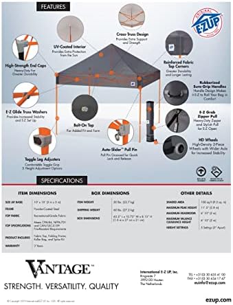 E-Z UP Vantage Instant Shelter Canopy, 10' x 10', Steel Gray Powder-Coated Steel Frame with Wide-Trax Roller Bag & 4 Piece Spike Set, Black