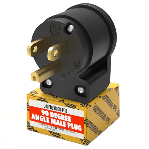515AN 90 Degree Right Angle Male Plug, 15 Amp 120v 125 Volt NEMA 5-15P, 2Pole 3Wire, Straight Blade Replacement Electrical Plug Extension Cord End - Commercial Grade 15A (Black, 1-PACK)