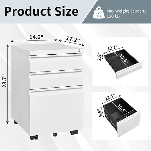 Approgreent Mobile File Cabinet for Home Office, Lockable 3 Drawer Filing Cabinet with Wheels for A4-Size/Letter-Size/Legal-Size