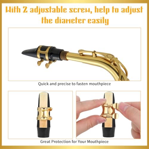 Saxophone Ligature, Soprano Sax Mouthpiece Ligature with Adjustable Screws Double Screws Saxophone Gold Fastener