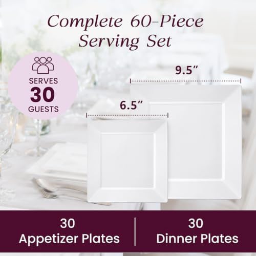 Aya's 60ct Square Plastic Disposable Plates, White - 9.5-Inch 30 Dinner and 6.5-Inch 30 Salad Plates for Party - Heavy-Duty Hard Plastic Design for Wedding, Event, Christmas, and Thanksgiving