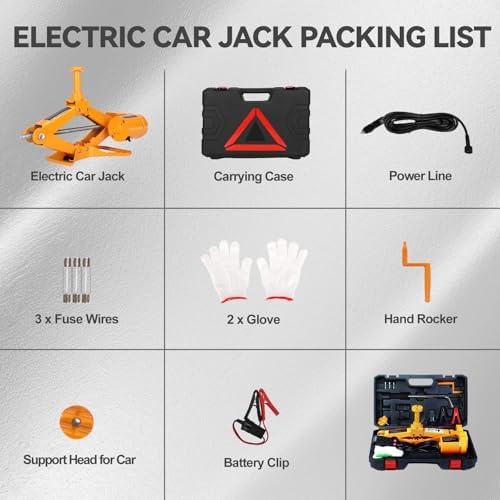 Electric Scissor Car Jack Kit 2 Ton Portable Auto Car Lift Floor Jack | 12V Scissor Jack for Sutire Repair 14.6 Inch Range for SUV Sedan Floor Jack for Tire Change Roadside Emergency