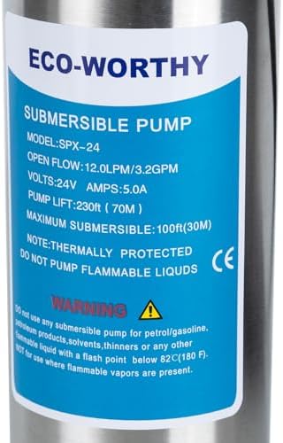 ECO-WORTHY 24V Submersible Deep Well Water Pump with 10ft Cable 1.6GPM 4'' 5A, Max Lift 230ft/70m, DC Pump/Alternative Energy Solar Battery Farm & Ranch Submersible Deep Well Pump