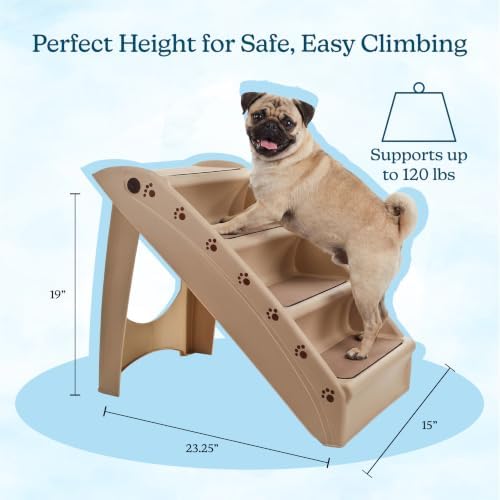Pet Stairs - Home and Vehicle Foldable Nonslip Dog Steps with 4-Step Design - For Puppies, Kittens, and Other Small Pets by PETMAKER (Tan)