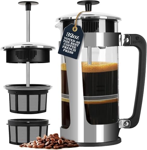 ESPRO P3 French Press Coffee Maker, 32oz, Black, Double Micro Filter Press | Grit-Free Coffee Press, Thicker Borosilicate Heat Resistant Glass french press, Tea Press, Easy Coffee Brewer, Tea Brewer