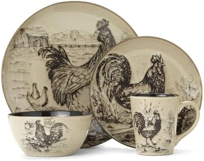 Pfaltzgraff Homespun Rooster 16-Piece Dinnerware Set, Service for 4 Brown
